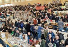 Bezoekers bekijken vinylplaten en lp’s tijdens een grote platenbeurs